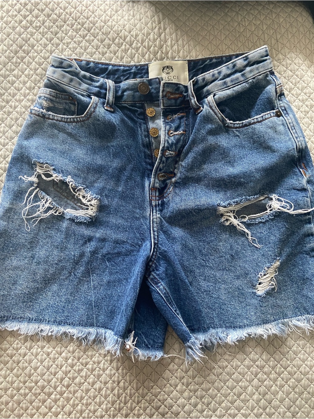 Gucci Distressed High-Rise Blue Denim Shorts